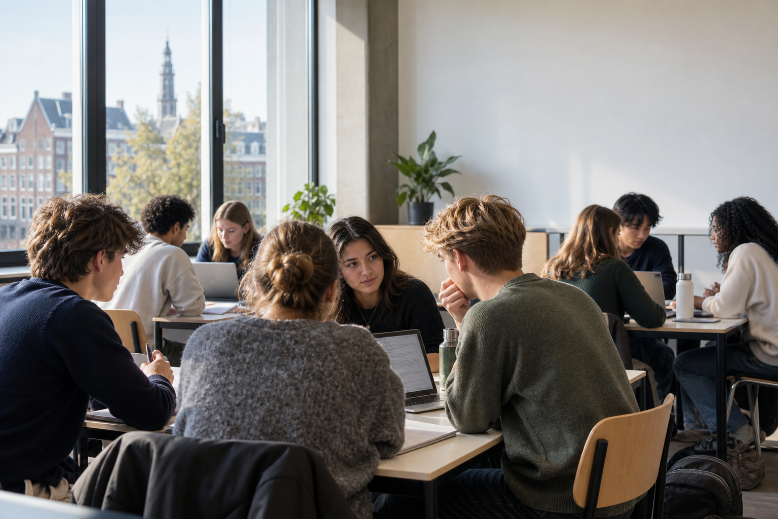 Leerlingen werken samen in een moderne onderwijsomgeving